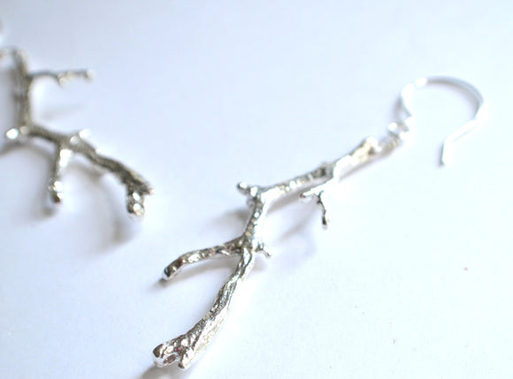 Silver Twig Branch Statement Dangle Earrings - Twiggy