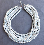 White Glass Pearl Bridal Chunky Multi Strand Statement Necklace - Michelle