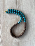 Teal Brown Wood Long Beaded Statement Necklace - Elena