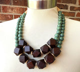 Brown Green Wood Chunky Multi Strand Bohemian Statement Necklace - Riley