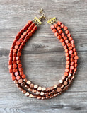 Orange Rose Gold Beaded Wood Multi Strand Chunky Boho Statement Necklace - Lisa