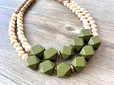 Green White Wood Beaded Chunky Multi Strand Boho Statement Necklace - Riley