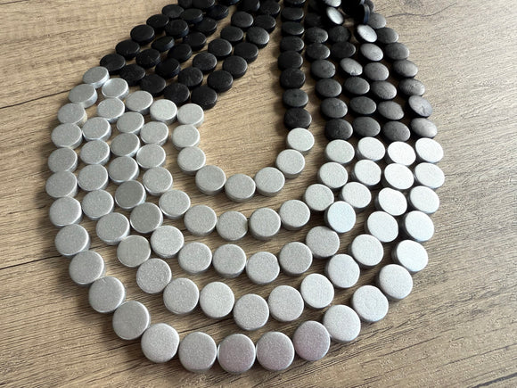 Black Silver Wood Beaded Statement Chunky Multi Strand Necklace - Regan