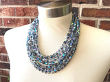Blue Gray Crystal Faceted Beaded Multi Strand Chunky Statement Necklace - Rebecca