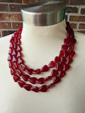 Red Heart Valentines Glass Bead Multi Strand Chunky Statement Necklace