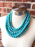 Turquoise Blue Acrylic Big Bead Chunky Multi Strand Statement Necklace - Alana
