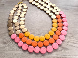 Orange Pink Yelllow Gold Wood Beaded Statement Chunky Multi Strand Necklace - Regan