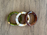 Green Brown Ivory Acrylic Bead Tube Stretch Womens Bracelet