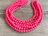 Hot Pink Beaded Statement Acrylic Chunky Lucite Multi Strand Necklace - Beth