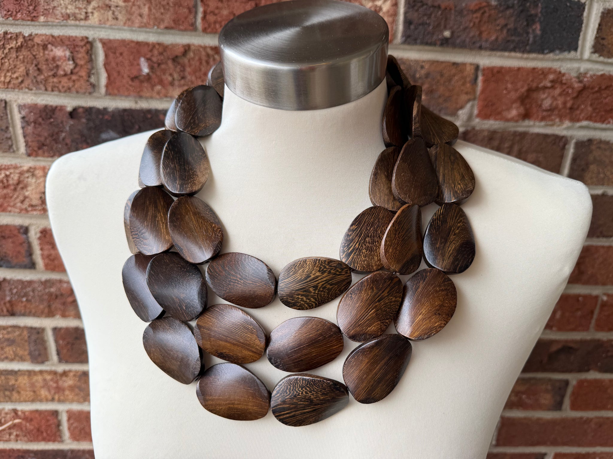 Brown Wood Beaded Boho Statement Chunky Multi Strand Necklace