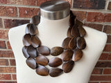 Brown Wood Beaded Boho Statement Chunky Multi Strand Necklace - Miranda