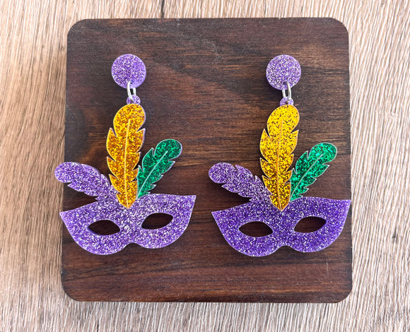 Mardi Gras Mask Glitter Acrylic Dangle Statement Earings