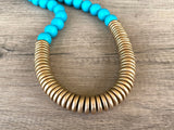 Turquoise Gold Chunky Wood Long Boho Beaded Statement Necklace - Elena