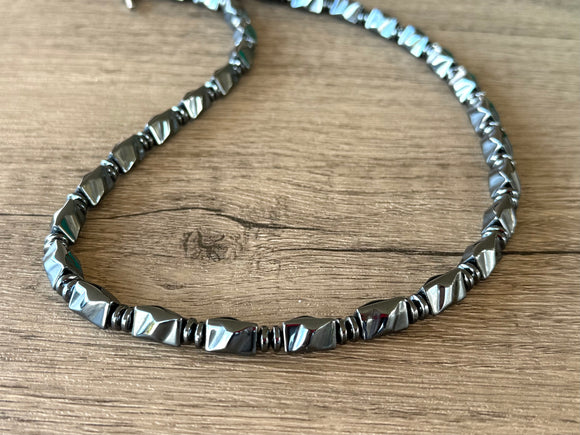 Mens Beaded Stone Gray Hematite Long Necklace - Dylan