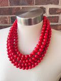Red Acrylic Lucite Big Bead Chunky Multi Strand Necklace - Angelina