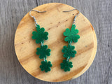 St Patrick’s Day long Shamrock Glitter 3 Leaf Clover Dangle Statement Earings