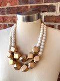 White Gold Statement Beaded Wood Chunky Multi Strand Necklace - Riley