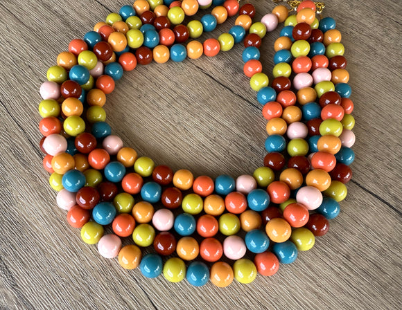 Multi Color Acrylic Bead Chunky Multi Strand Statement Necklace - Alana