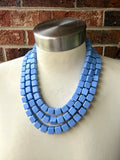 Periwinkle Blue Cube Beaded Multi Strand Statement Necklace - Cubist