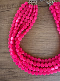 Hot Pink Acrylic Beaded Chunky Multi Strand Statement Necklace - Charlotte