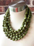 Olive Green Lucite Acrylic Beaded Chunky Multi Strand Statement Necklace - Julianna