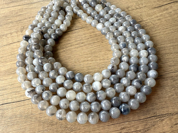 Gray White Acrylic Lucite Big Bead Chunky Multi Strand Necklace - Alana