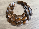 Brown Wood Beaded Boho Statement Chunky Multi Strand Necklace - Miranda