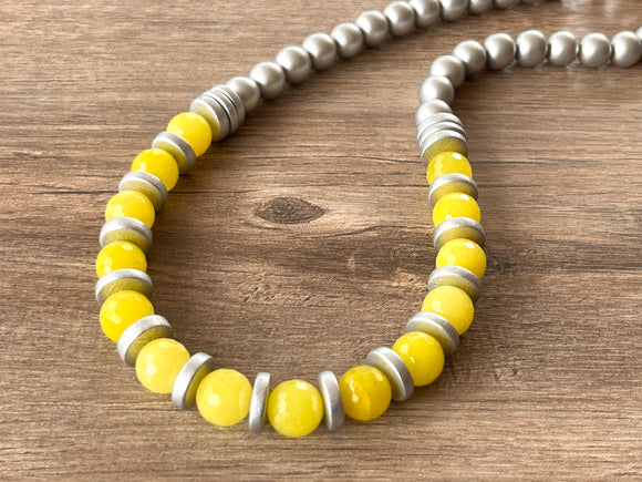 Yellow Silver Statement Long Bead Chunky Jade Necklace - Mollie