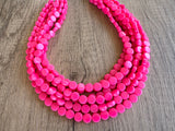 Hot Pink Acrylic Beaded Chunky Multi Strand Statement Necklace - Charlotte
