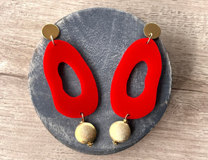 Red Gold Matte Acrylic Statement Lucite Big Dangle Earrings - Sylvia