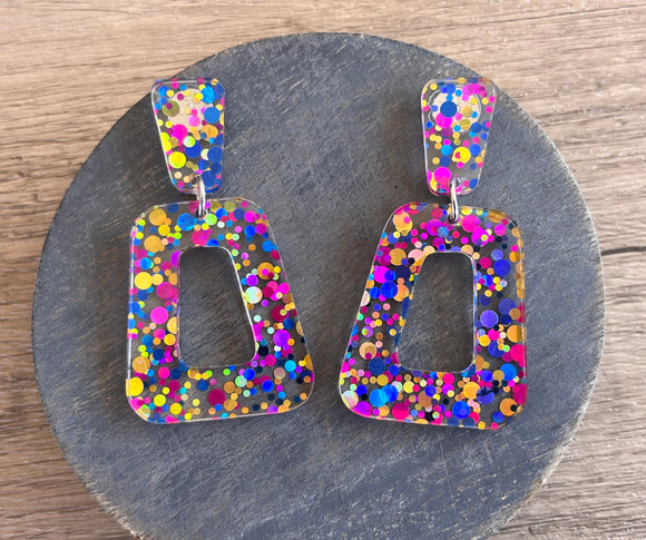 Multi Color Confetti Acrylic Matte Lucite Big Large Statement Earrings - Heidi