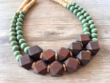 Brown Green Wood Chunky Multi Strand Bohemian Statement Necklace - Riley