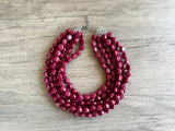 Dark Red Acrylic Beaded Multi Strand Statement Necklace - Julianna