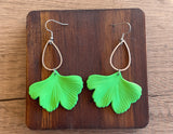 Green Ginkgo Matte Leaf Lucite Petal Big Statement Earrings - Avery