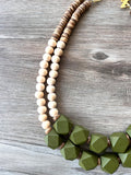 Green White Wood Beaded Chunky Multi Strand Boho Statement Necklace - Riley