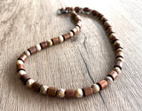 Wood Brown Tan Matte Stone Beaded Long Short Surfer Mens Necklace - Terrance