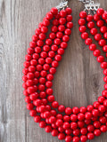 Red Acrylic Lucite Big Bead Chunky Multi Strand Necklace - Alana