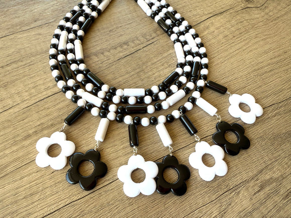 Black White Mod Flower Power Beaded Statement Necklace -Daisy