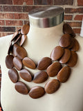 Brown Wood Beaded Boho Statement Chunky Multi Strand Necklace - Miranda