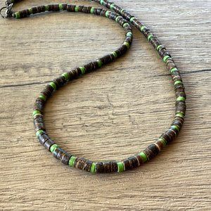 Brown Wood Green Stone Mens Beaded Necklace - Dennis