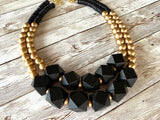 Gold Black Wood Beaded Chunky Multi Strand Statement Necklace - Riley