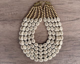 Ivory Gold Flower Lucite Acrylic Beaded Multi Strand Statement Necklace - Ginny