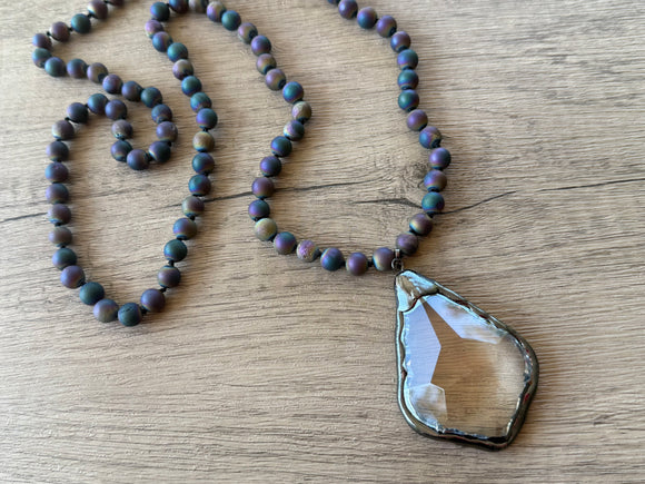 Purple Green Agate Crystal Pendant Beaded Long Necklace - San Jose