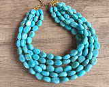 Turquoise Blue Acrylic Beaded Multi Strand Statement Necklace -