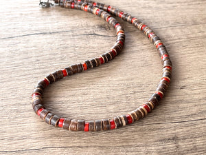 Wood Red Brown Mens Beaded Surfer Necklace - Dennis