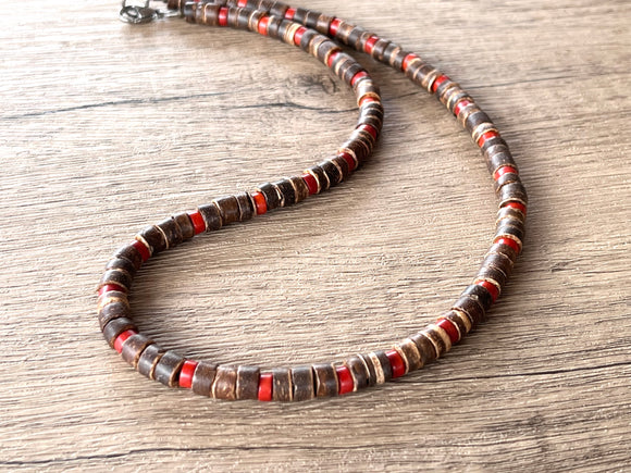 Wood Red Brown Mens Beaded Surfer Necklace - Dennis