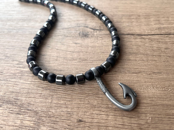 Mens Fishing Hook Beaded Necklace Pendant Stone Necklace - Angler