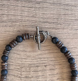 Mens Black Brown Wood Lava Rock Beaded Surfer Long Short Necklace