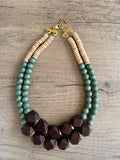 Brown Green Wood Chunky Multi Strand Bohemian Statement Necklace - Riley