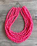 Hot Pink Beaded Statement Acrylic Chunky Lucite Multi Strand Necklace - Beth